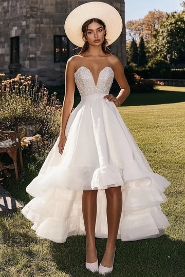 Strapless High Low White Wedding Dress with Appliques